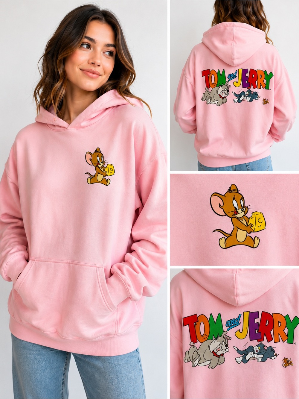 Tom & Jerry Pink Hoodie Womens Large Freeze Graphic Pullover Sweatshirt